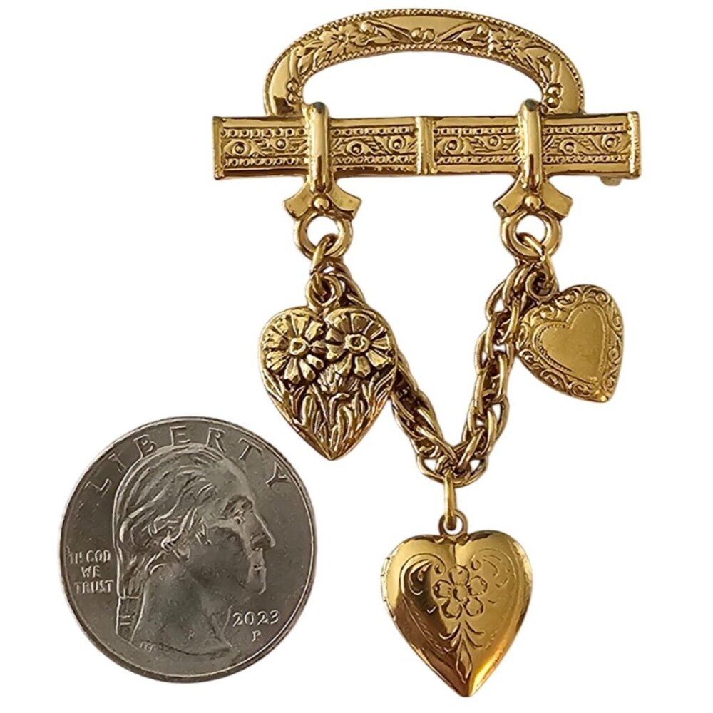1928 Brand Bar Pin Heart Chain Dangle Brooch Locket Pin J522 - Picture 5 of 8
